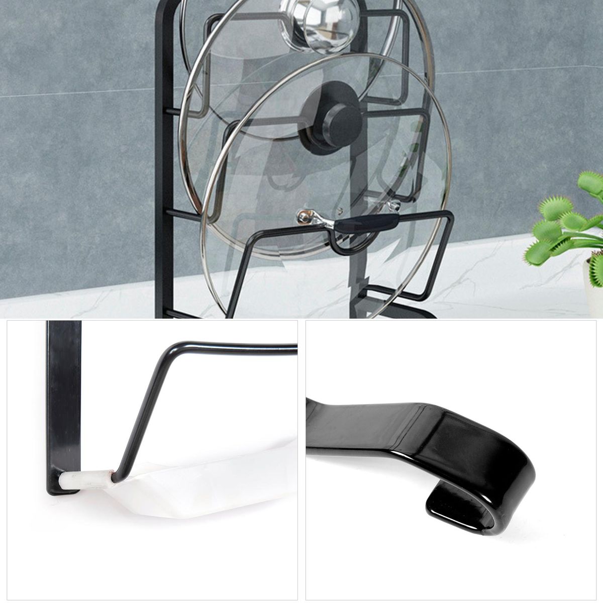 Wall Door Mounted Pot Lid Rack Organizer for Kitchen Upright Storage Holder with 3 Slots and 35cm Rod - Black
