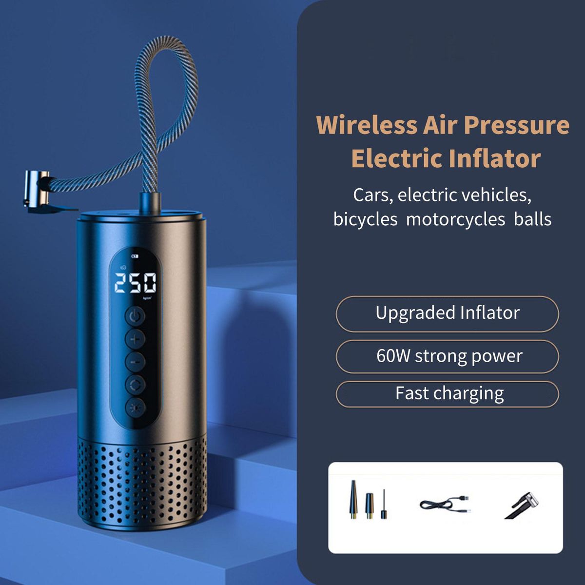 12V Wireless Portable Smart Digital Air Pressure Electric Inflator Pump Black Low Noise  LED lighting Full Auto StopFor Cars Automobile Inflatable Tool