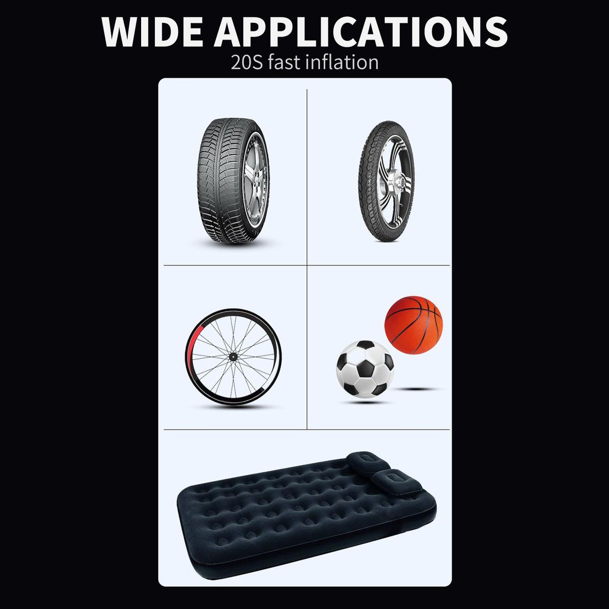 12V Wireless Portable Smart Digital Air Pressure Electric Inflator Pump Black Low Noise  LED lighting Full Auto StopFor Cars Automobile Inflatable Tool