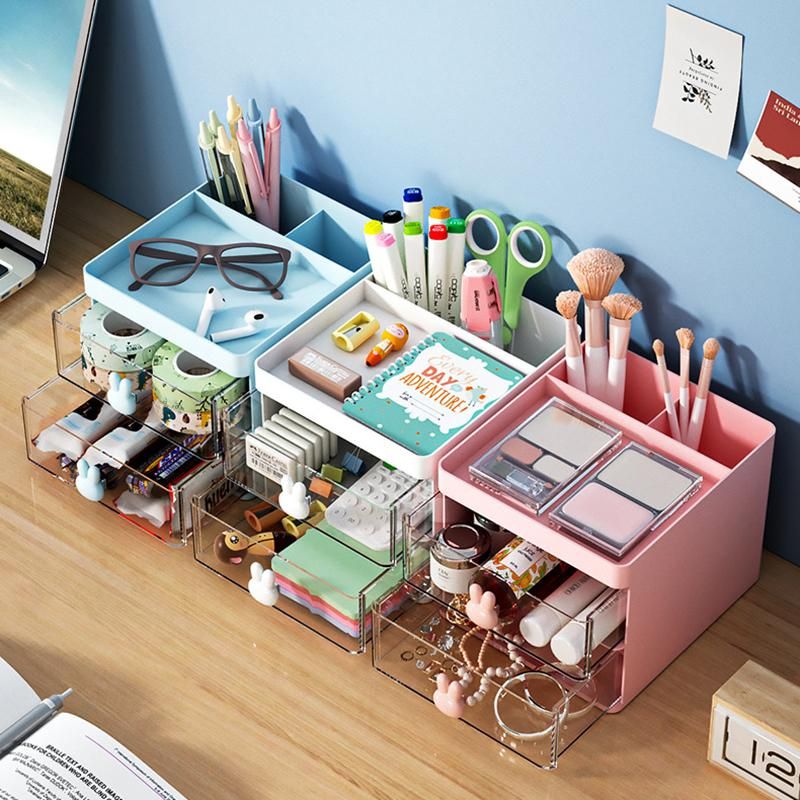 Desktop Sundries Organizer Stationery Cosmetic Storage Box Large Capacity Pen Holder With Drawers School Office