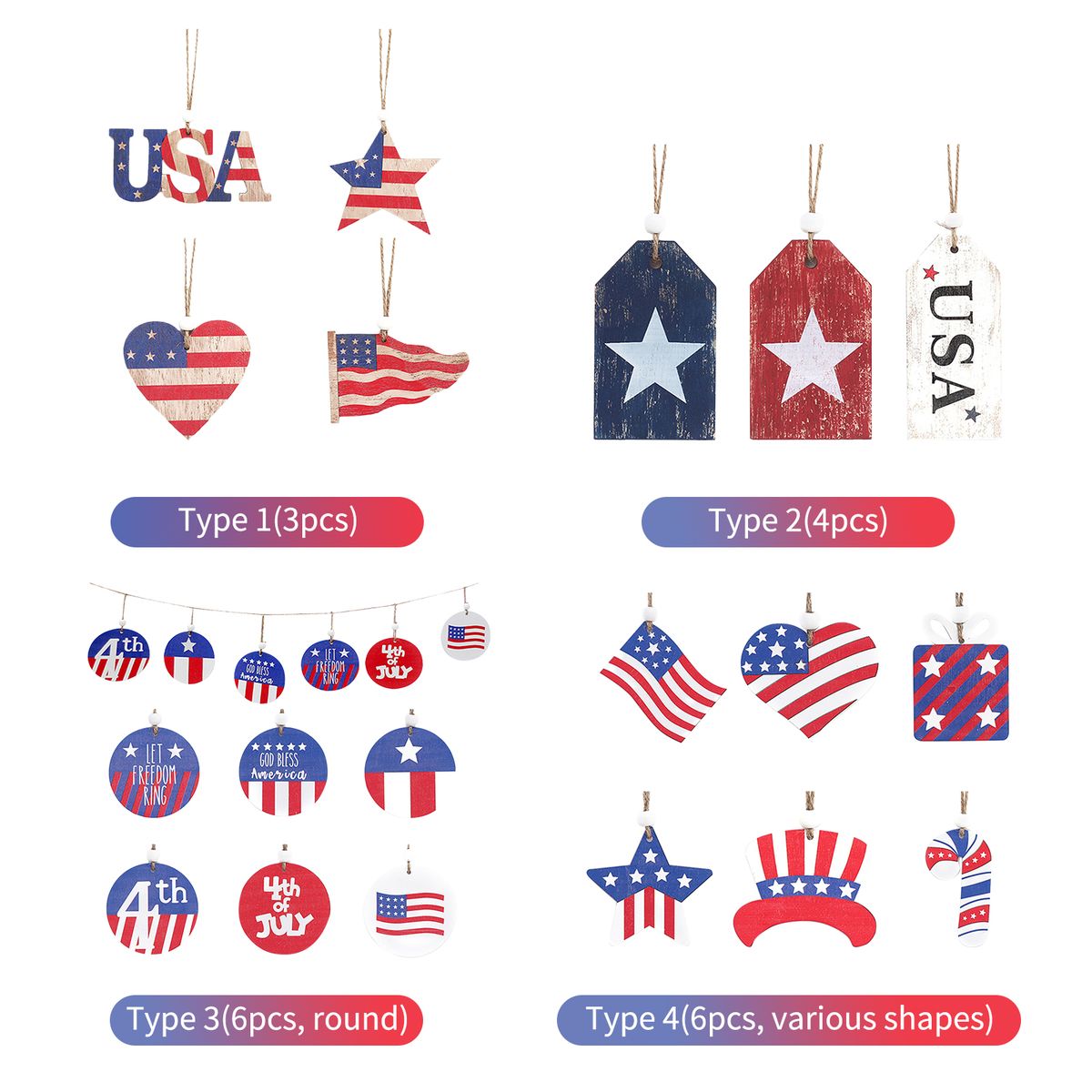 6PCS Patriotic Wood Ornaments 4th Of July Wooden Hanging