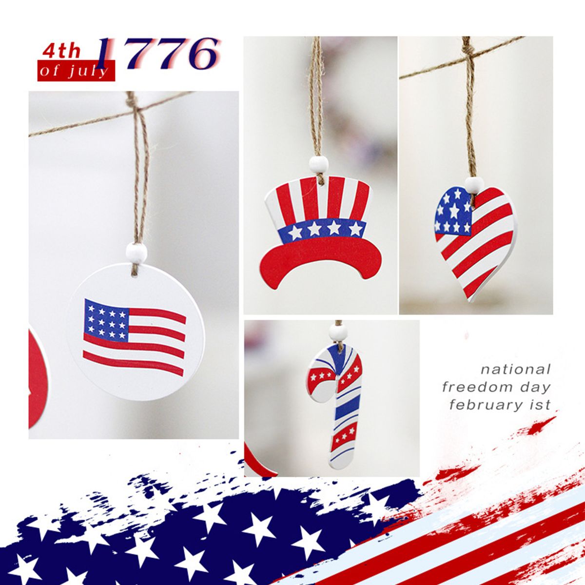 6PCS Patriotic Wood Ornaments 4th Of July Wooden Hanging
