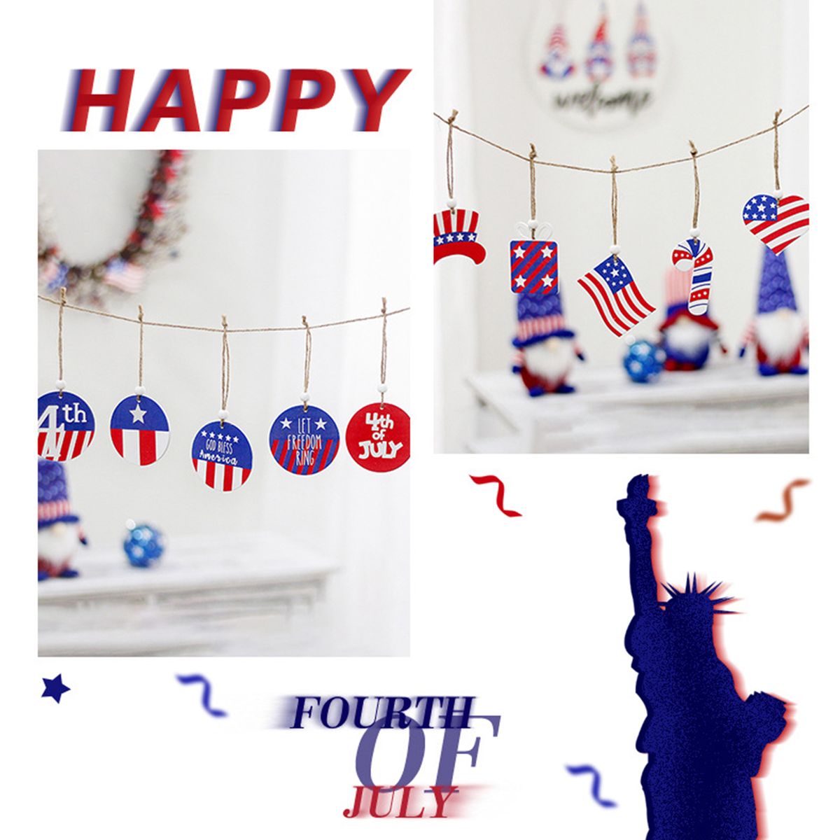 6PCS Patriotic Wood Ornaments 4th Of July Wooden Hanging