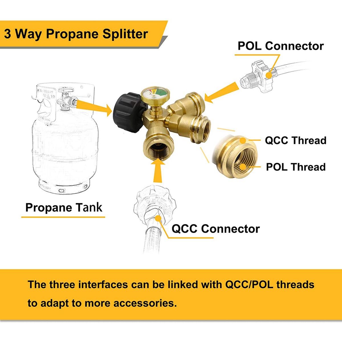 3 Way Splitter Propane Adapter Solid Brass Gases Tanks