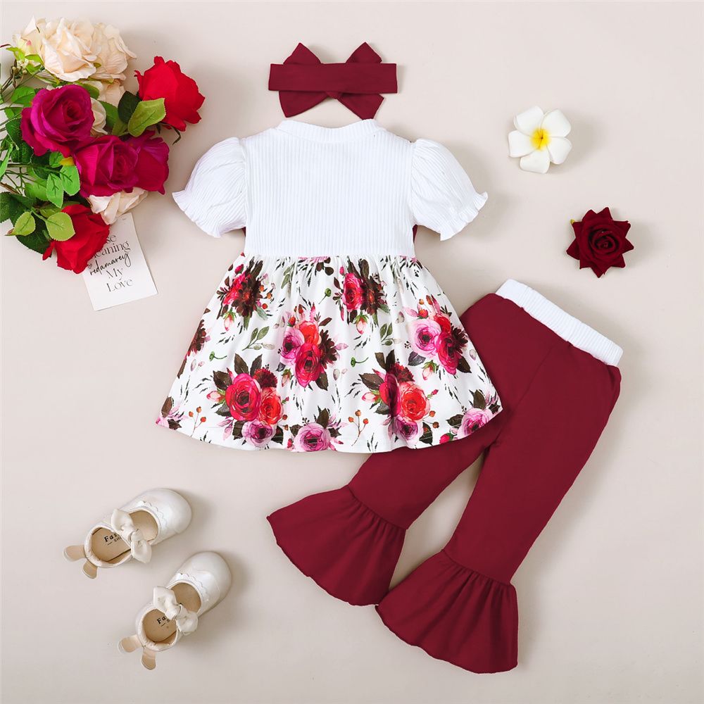 0-3Years Baby Girl Floral Puff Sleeve Top+Pants+Headwear