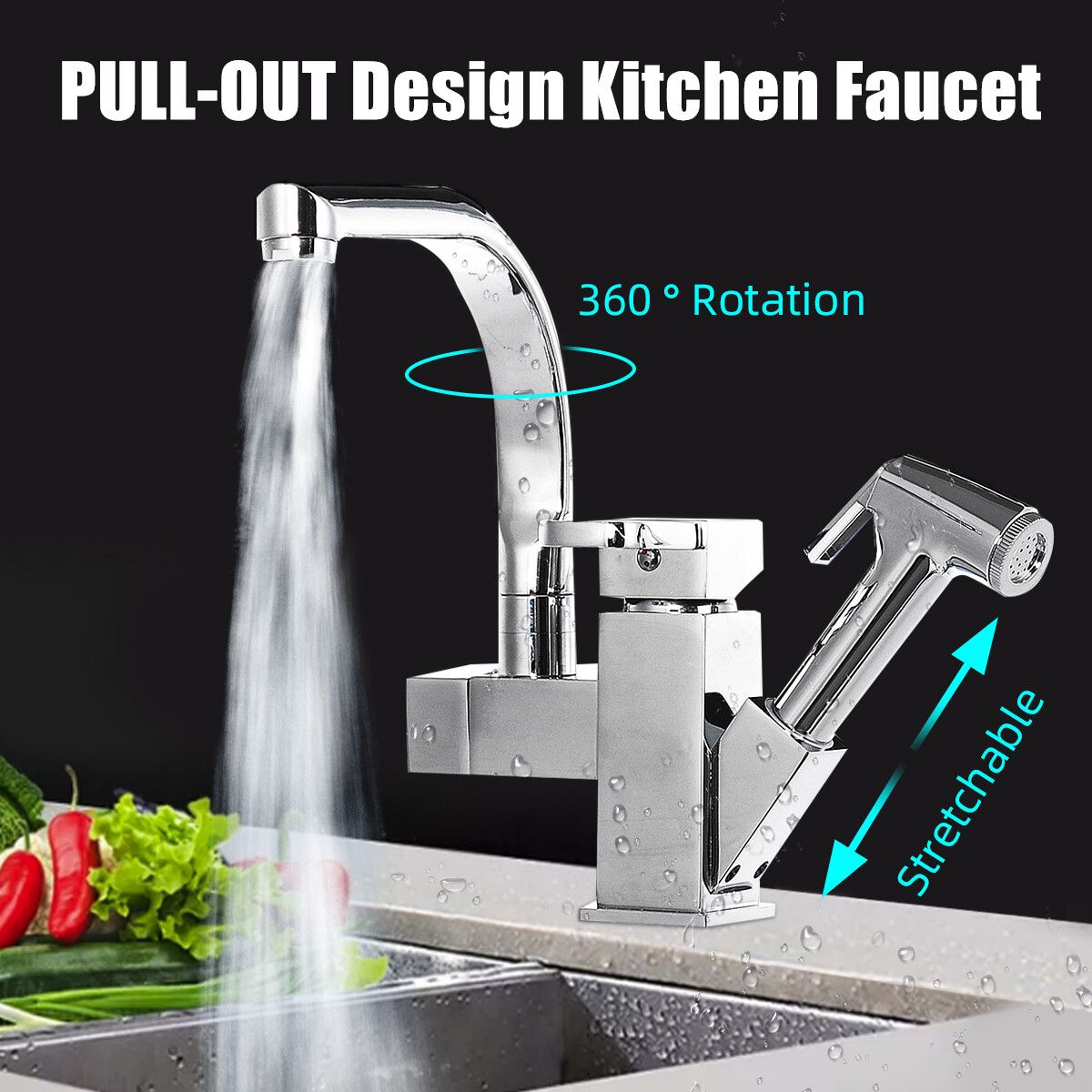 360° Rotation Copper Faucet Kitchen Pull-out Double Hole Wash Basin Swivel Stretchable Water Taps Mixer Kits Dual Outlet Water Modes