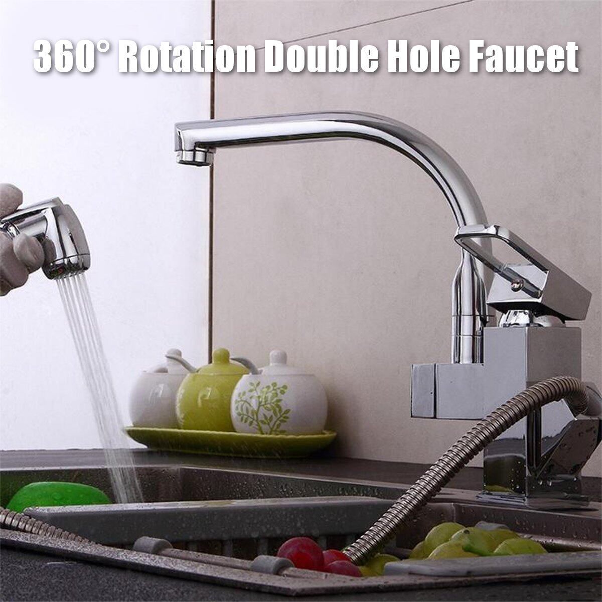360° Rotation Copper Faucet Kitchen Pull-out Double Hole Wash Basin Swivel Stretchable Water Taps Mixer Kits Dual Outlet Water Modes