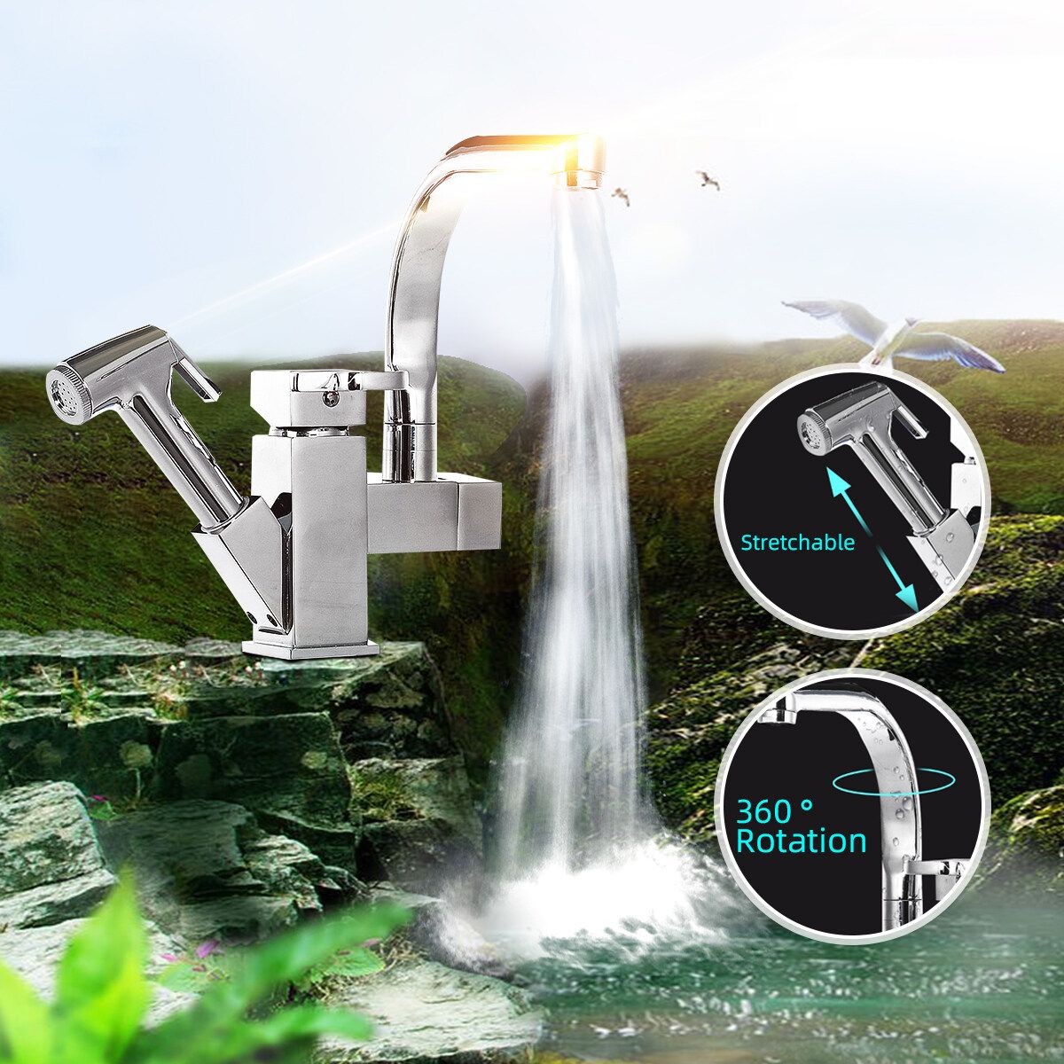 360° Rotation Copper Faucet Kitchen Pull-out Double Hole Wash Basin Swivel Stretchable Water Taps Mixer Kits Dual Outlet Water Modes