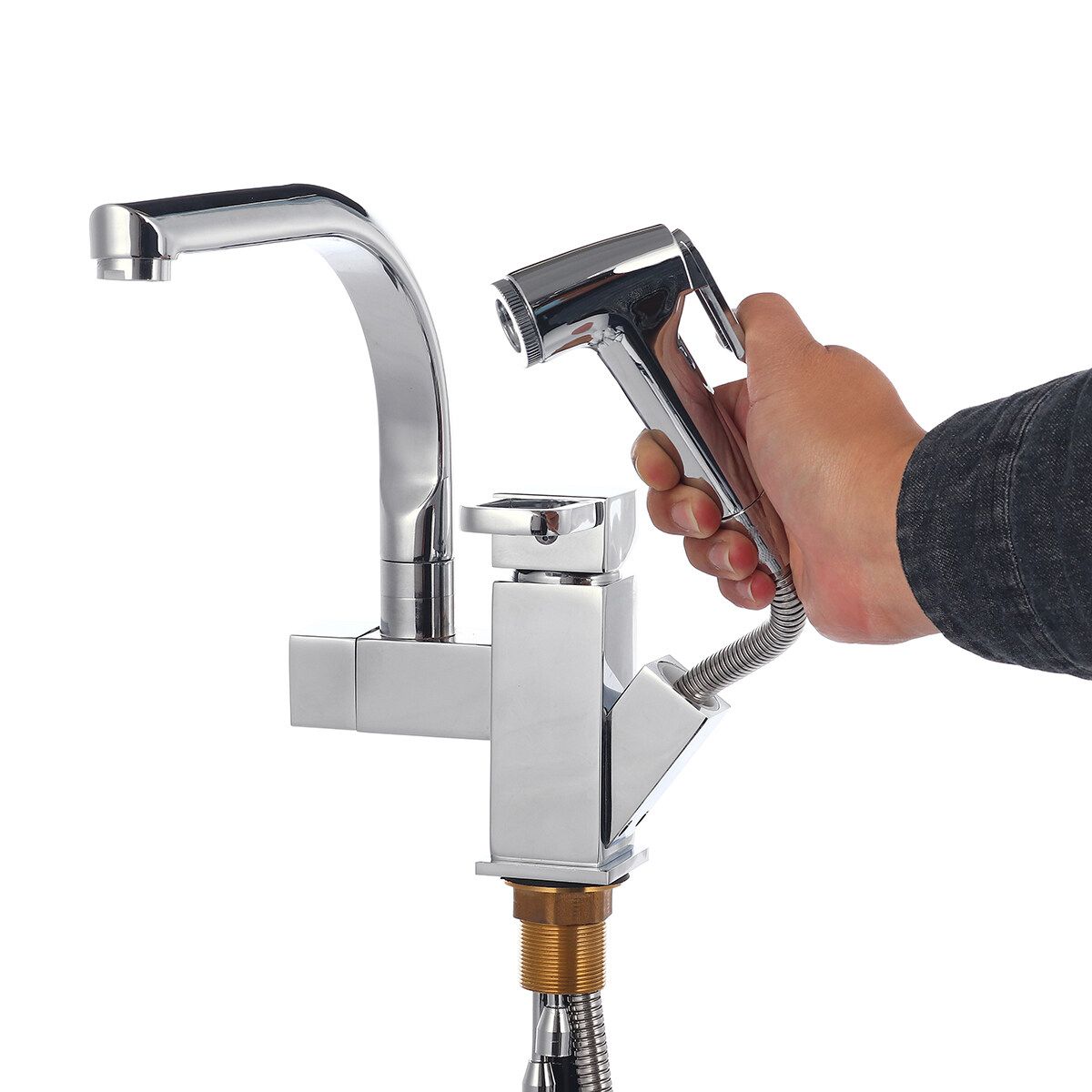 360° Rotation Copper Faucet Kitchen Pull-out Double Hole Wash Basin Swivel Stretchable Water Taps Mixer Kits Dual Outlet Water Modes