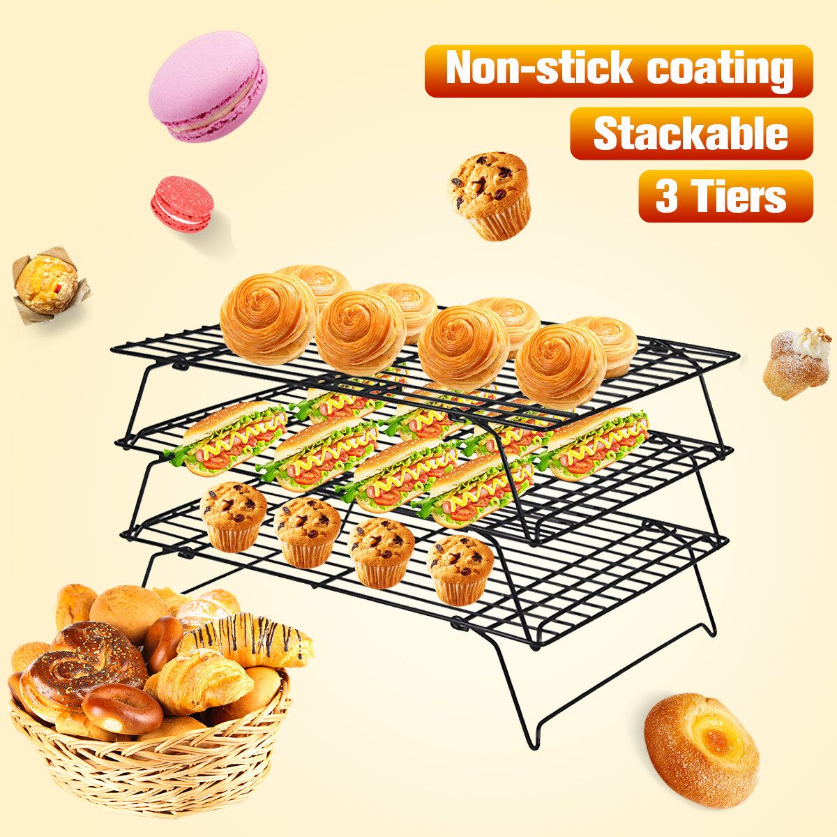 3 Tier Cooling Rack Non-stick Coating Bake Bakeware Stackable For Biscuit Cookie Pie Bread Cake Baking Rack