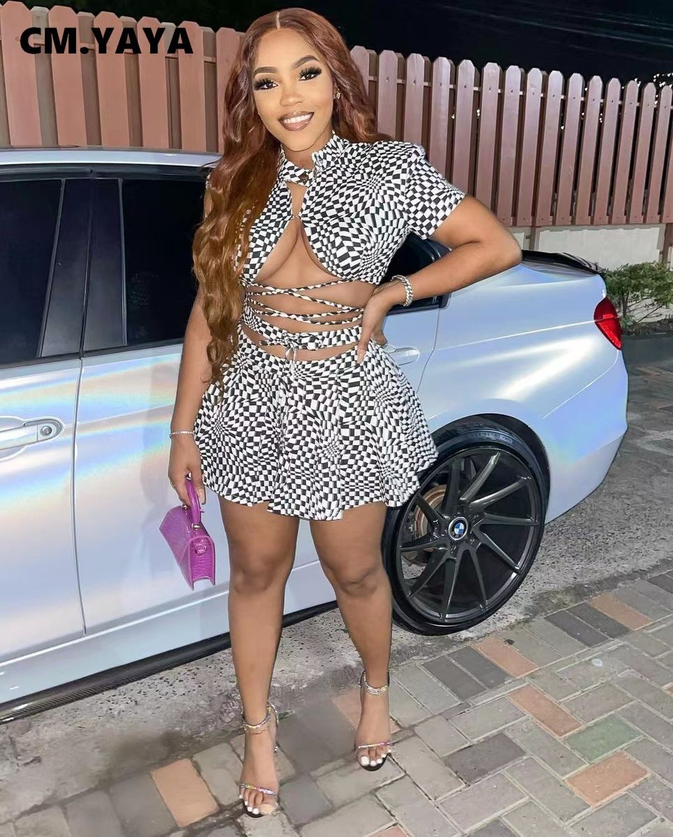 (black)Elegant Plaid Women's Set Lace Up Crop Top And Flare Pleated Shorts Beach Tracksuit Two 2 Piece Set Fitness Outfits GRE