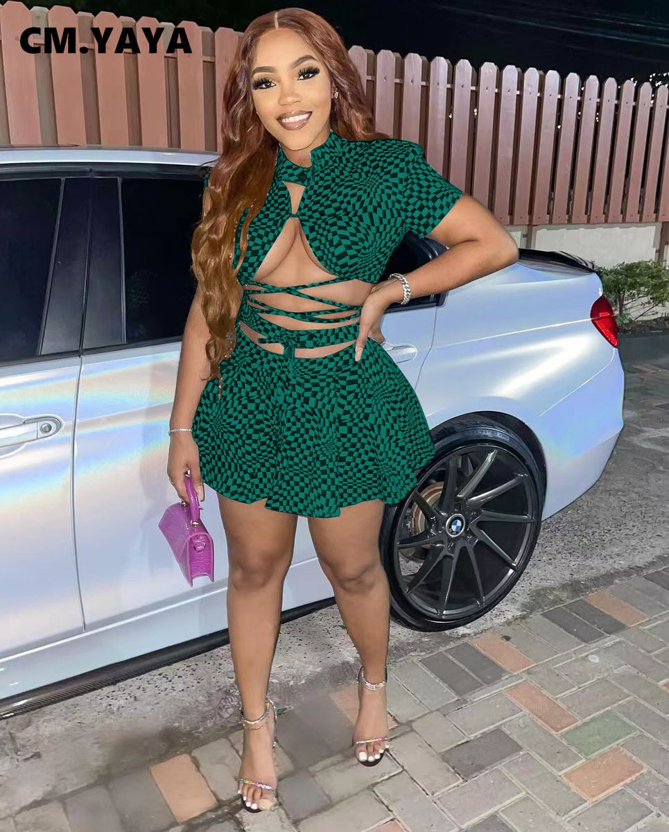 (black)Elegant Plaid Women's Set Lace Up Crop Top And Flare Pleated Shorts Beach Tracksuit Two 2 Piece Set Fitness Outfits GRE