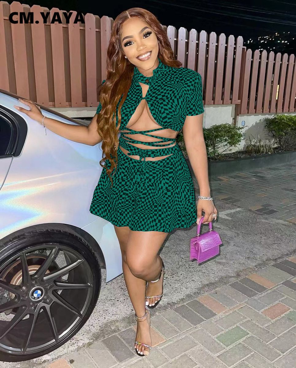 (black)Elegant Plaid Women's Set Lace Up Crop Top And Flare Pleated Shorts Beach Tracksuit Two 2 Piece Set Fitness Outfits GRE
