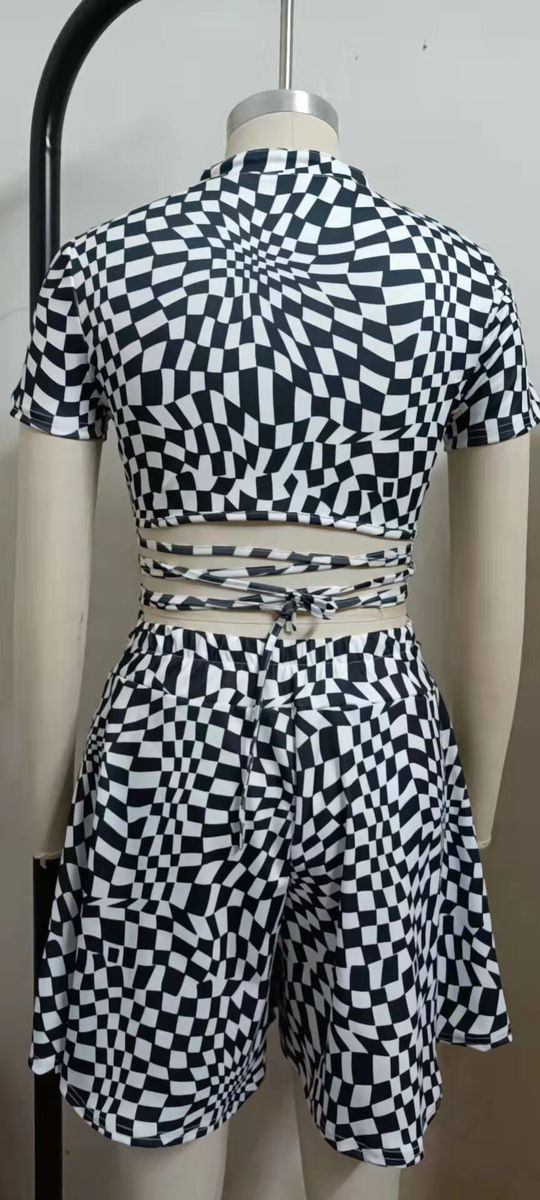 (black)Elegant Plaid Women's Set Lace Up Crop Top And Flare Pleated Shorts Beach Tracksuit Two 2 Piece Set Fitness Outfits GRE