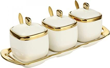 3Pcs Condiment Seasoning Pot With Ceramic Tray
