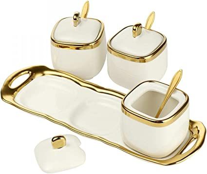 3Pcs Condiment Seasoning Pot With Ceramic Tray