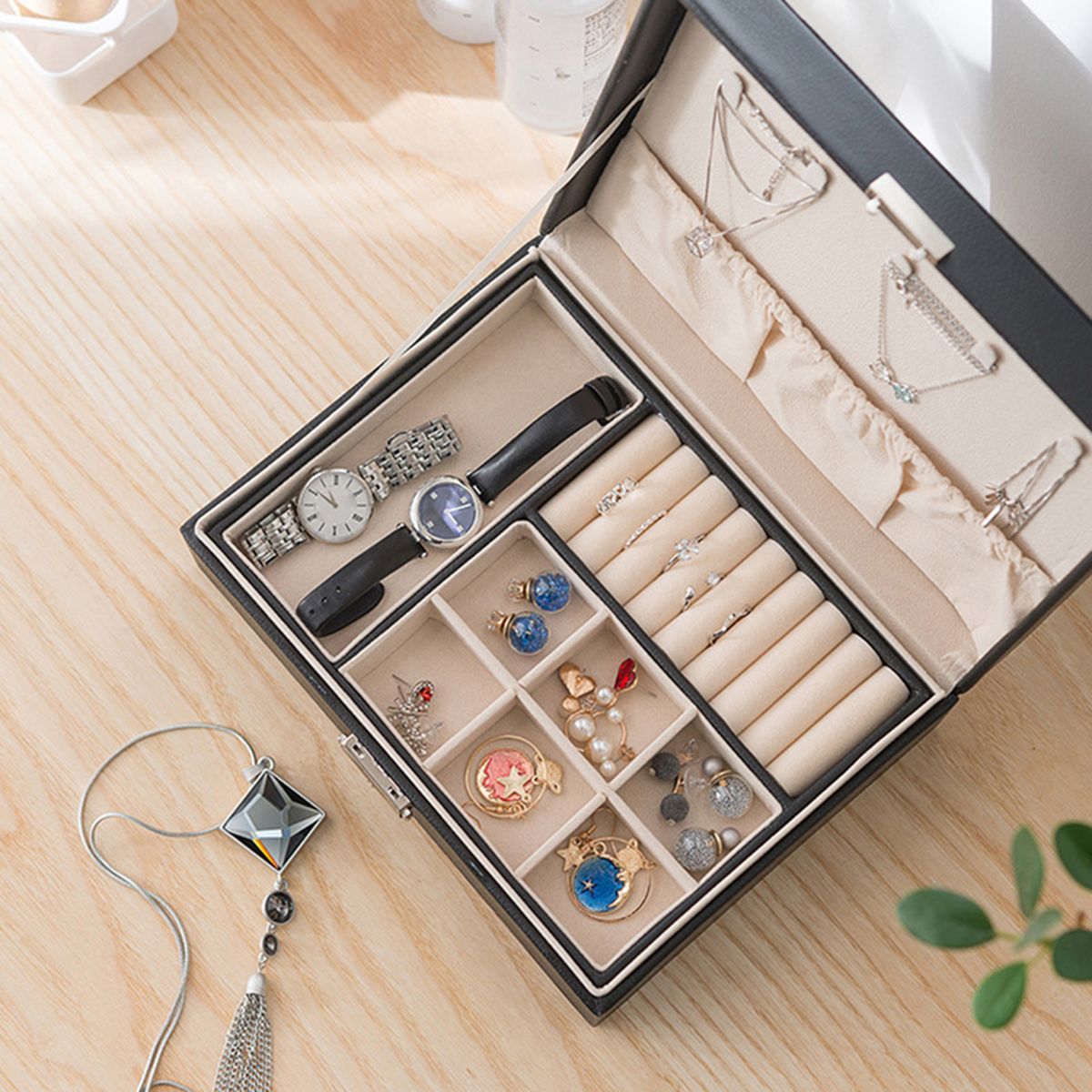 Jewelry Box Necklace Earring Ring Storage Organizer Double