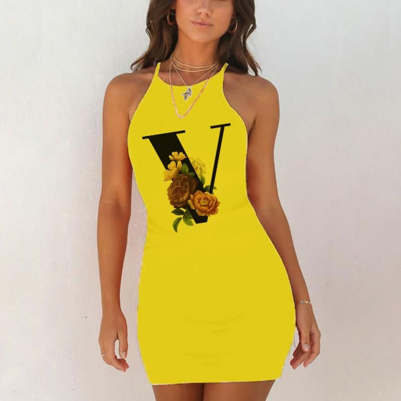Sexy pajamas sleepwear nightgown night summer shirts women 26 English alphabet letter hip yellow nightgown evening dress