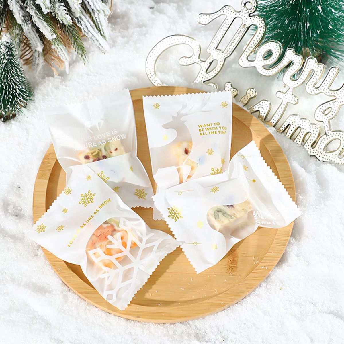 Christmas Cookie Bags 100pcs Festive Candy Bag Set Santa Snowman Elk