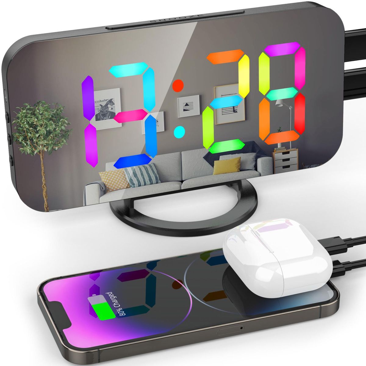 Digital Alarm Clock with Dynamic RGB Light Dimmable Brightness Adjustable Snooze Function USB Charger Port Mirror Clock 12H/24H for Bedroom Home Office Decor Wall Mounted