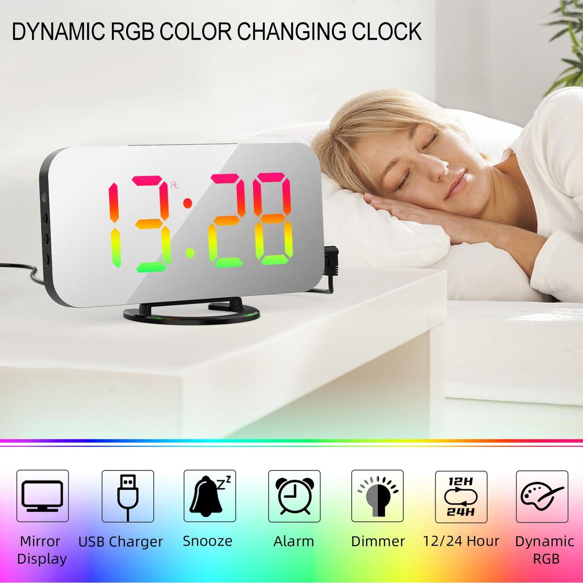Digital Alarm Clock with Dynamic RGB Light Dimmable Brightness Adjustable Snooze Function USB Charger Port Mirror Clock 12H/24H for Bedroom Home Office Decor Wall Mounted
