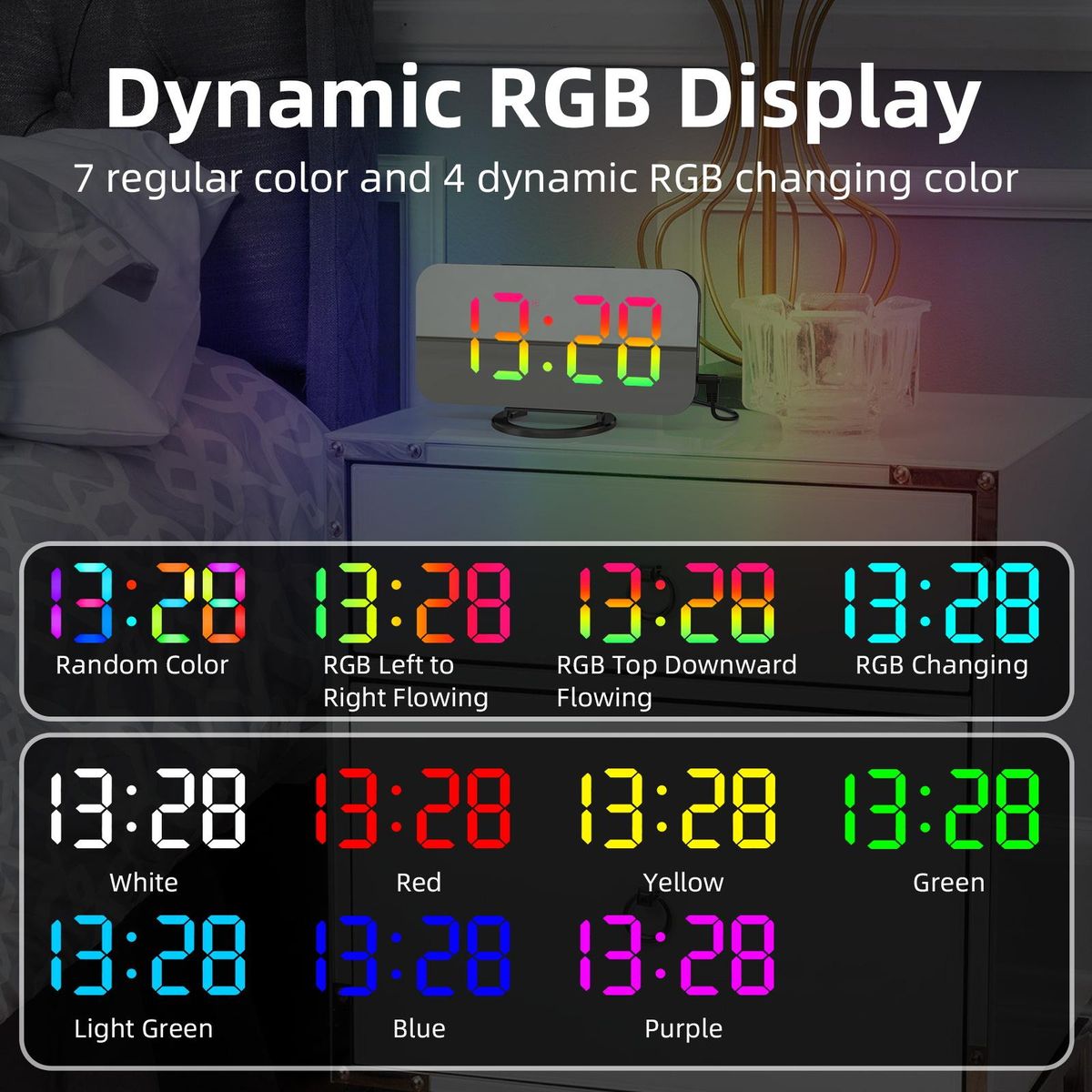 Digital Alarm Clock with Dynamic RGB Light Dimmable Brightness Adjustable Snooze Function USB Charger Port Mirror Clock 12H/24H for Bedroom Home Office Decor Wall Mounted