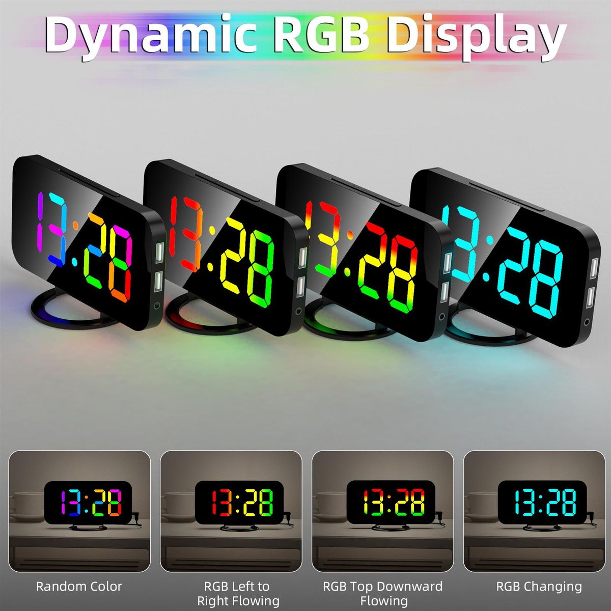 Digital Alarm Clock with Dynamic RGB Light Dimmable Brightness Adjustable Snooze Function USB Charger Port Mirror Clock 12H/24H for Bedroom Home Office Decor Wall Mounted