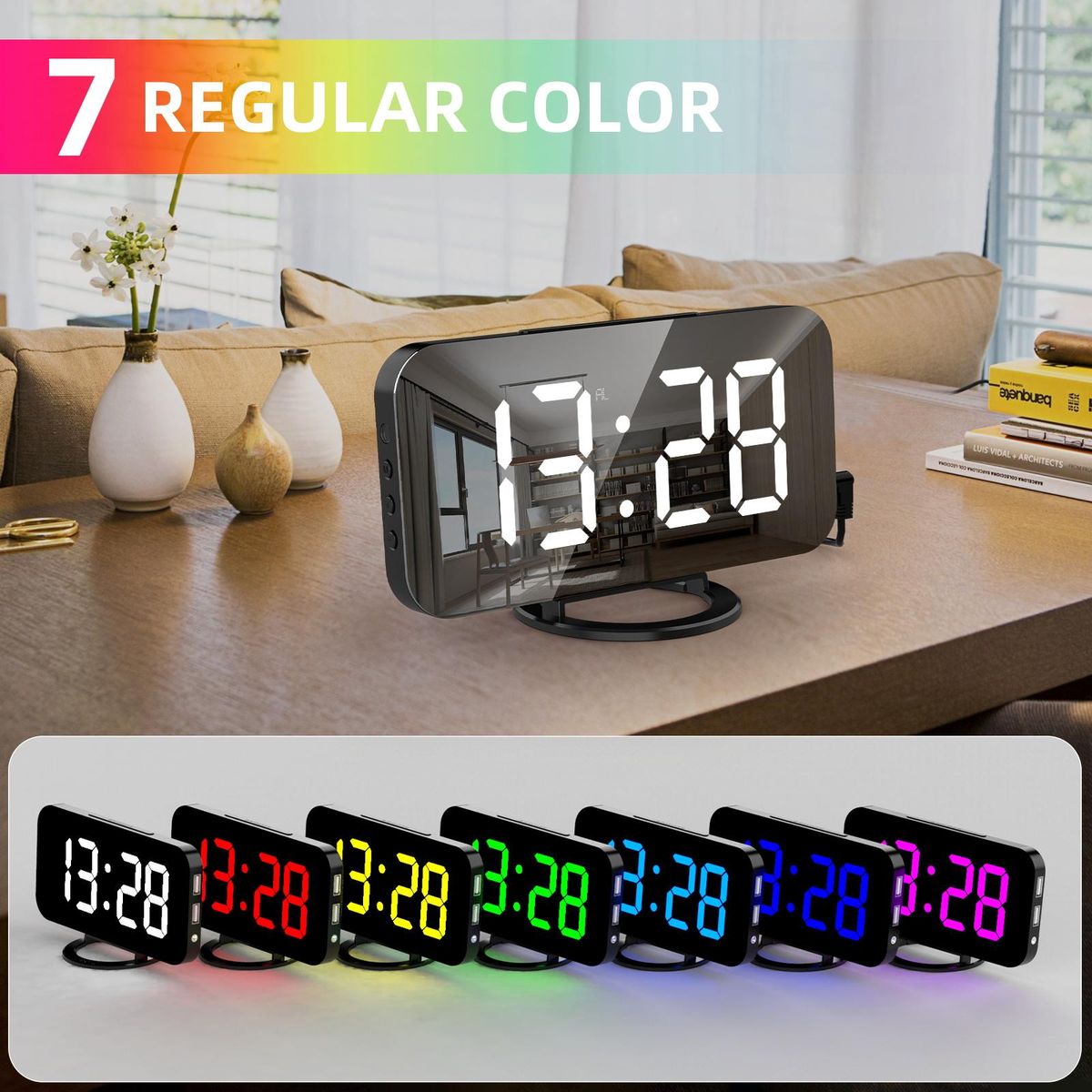 Digital Alarm Clock with Dynamic RGB Light Dimmable Brightness Adjustable Snooze Function USB Charger Port Mirror Clock 12H/24H for Bedroom Home Office Decor Wall Mounted