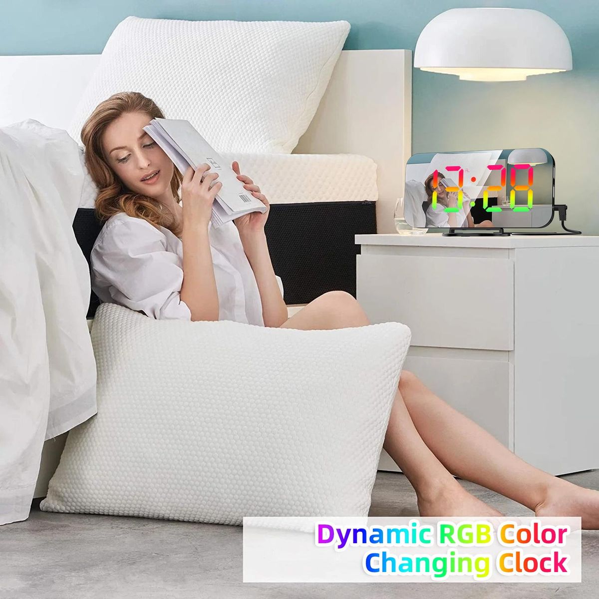 Digital Alarm Clock with Dynamic RGB Light Dimmable Brightness Adjustable Snooze Function USB Charger Port Mirror Clock 12H/24H for Bedroom Home Office Decor Wall Mounted