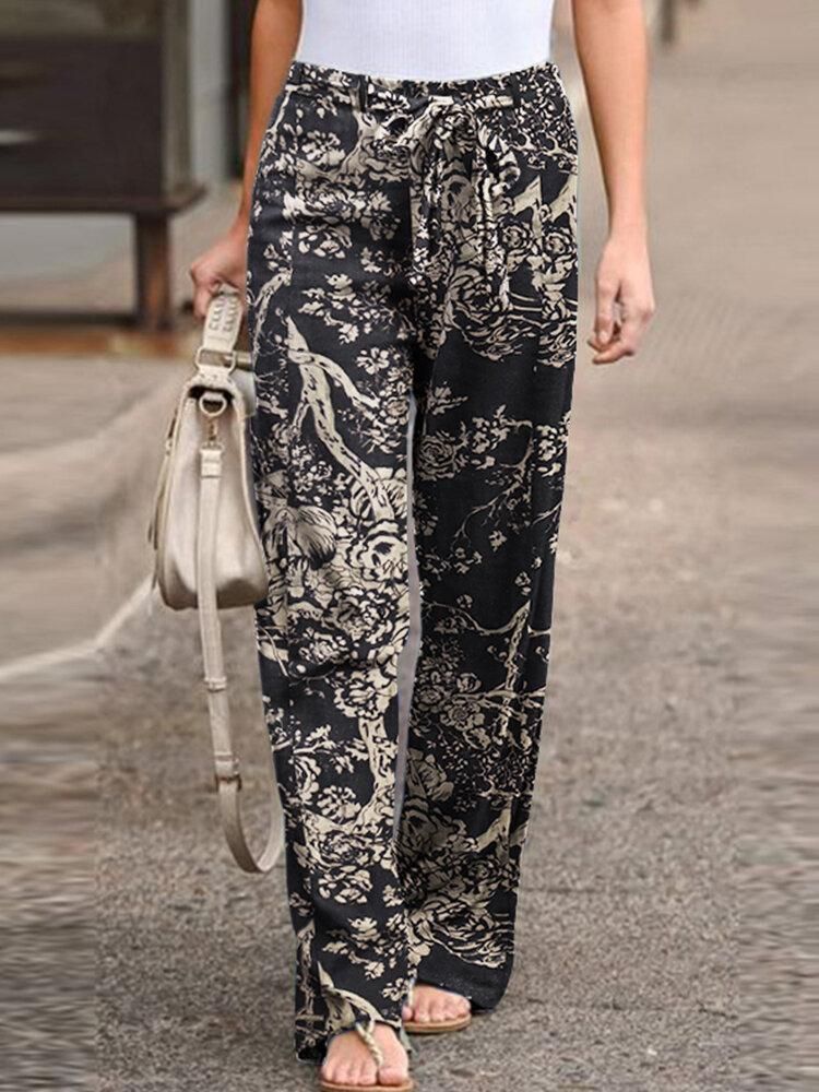 Women Leisure Cotton Contrast Color Elastic Waist Straight Pants with Side Pockets