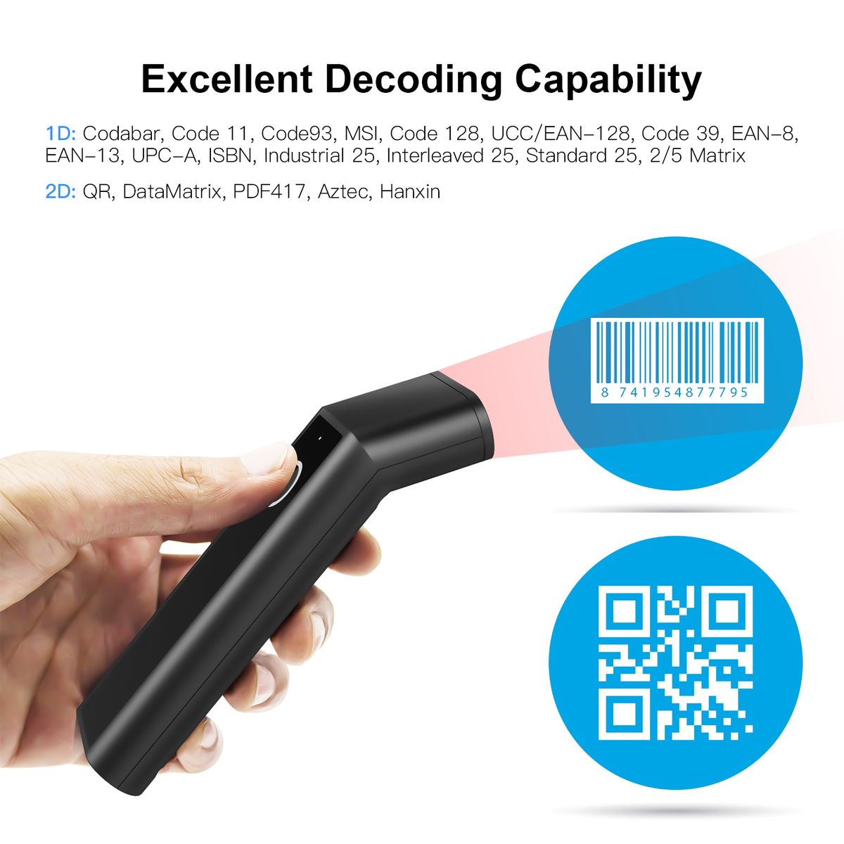 3-in-1 Barcode Scanner Handheld 1D/2D/QR Bar Code Reader