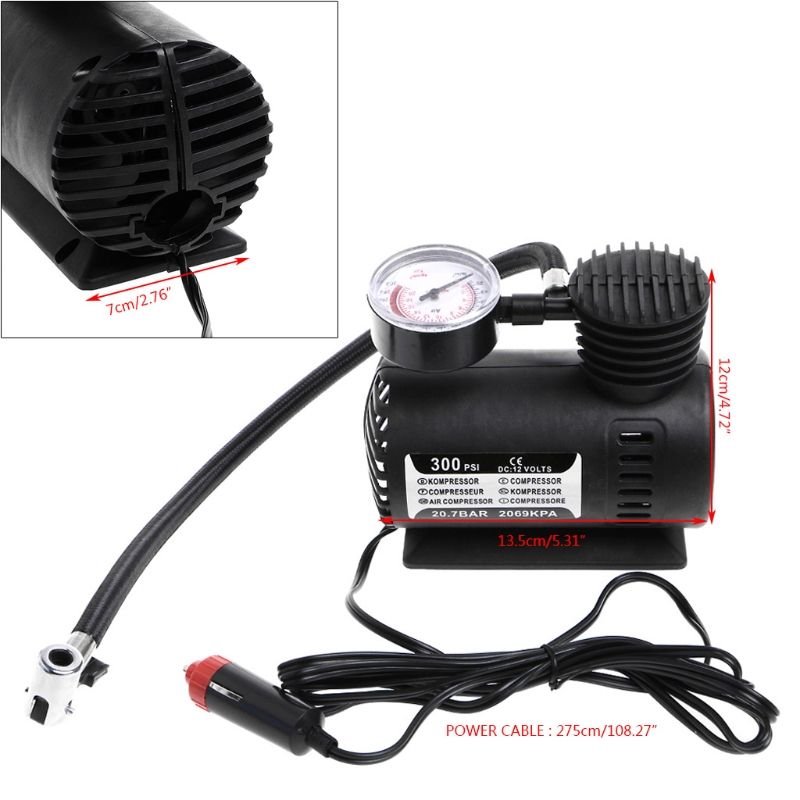 1Pc 300 PSI DC 12V Auto Car Portable Mini Air Compressor Electric Tire Inflator Pump W/Gauge