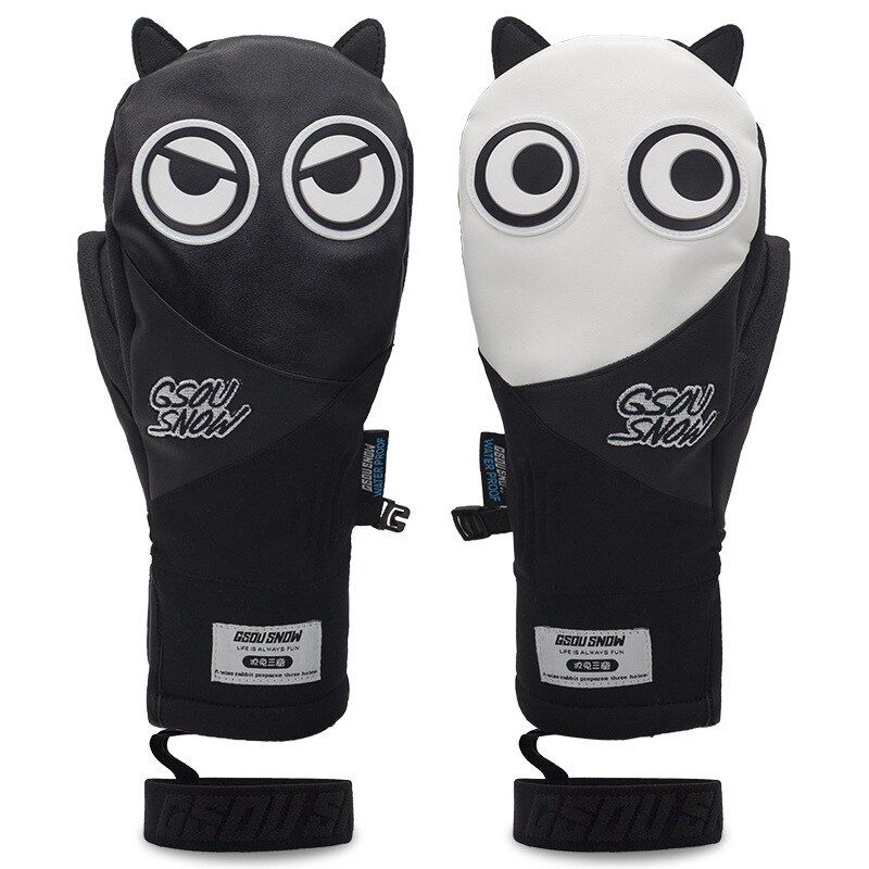 (PU Black White)Skiing Gloves Adult Children Winter Waterproof Warm Outdoor Cycling Sports Gloves Men Women Kids Cartoon Thermal Fleece Mittens