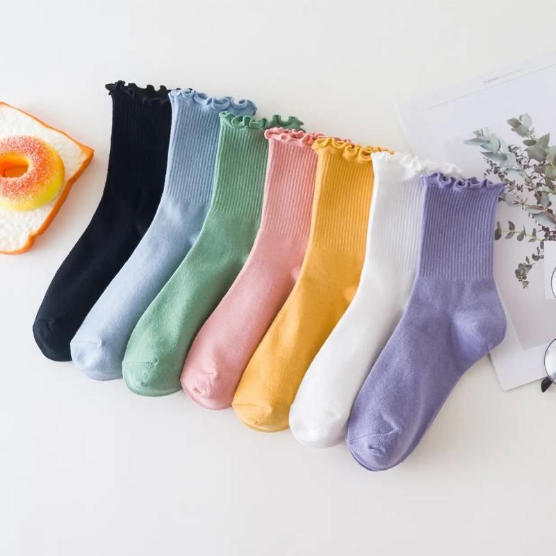 1 Pair Women Ruffle Lace Cotton Loose Socks Autumn Winter Knitting Solid Color Long Stockings Breathable Mid Tube Cute Sock