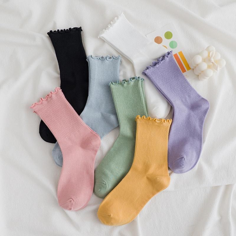 1 Pair Women Ruffle Lace Cotton Loose Socks Autumn Winter Knitting Solid Color Long Stockings Breathable Mid Tube Cute Sock