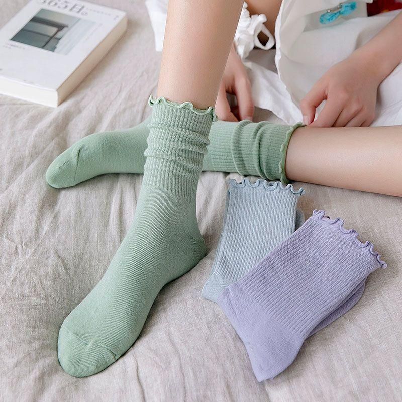 1 Pair Women Ruffle Lace Cotton Loose Socks Autumn Winter Knitting Solid Color Long Stockings Breathable Mid Tube Cute Sock