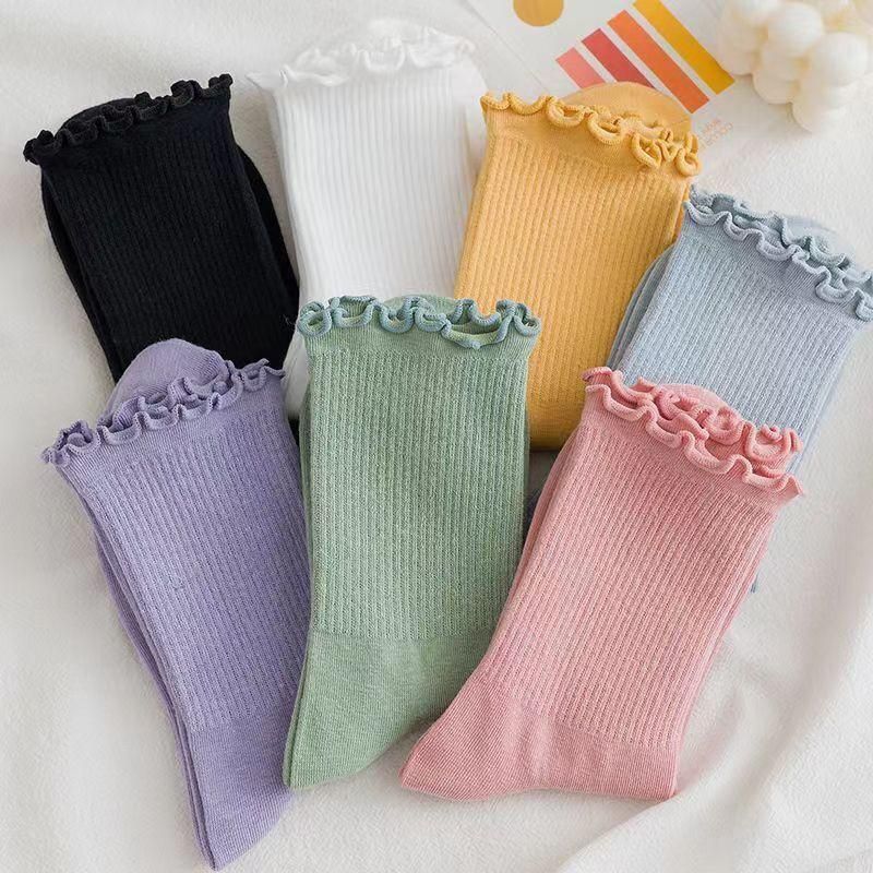 1 Pair Women Ruffle Lace Cotton Loose Socks Autumn Winter Knitting Solid Color Long Stockings Breathable Mid Tube Cute Sock