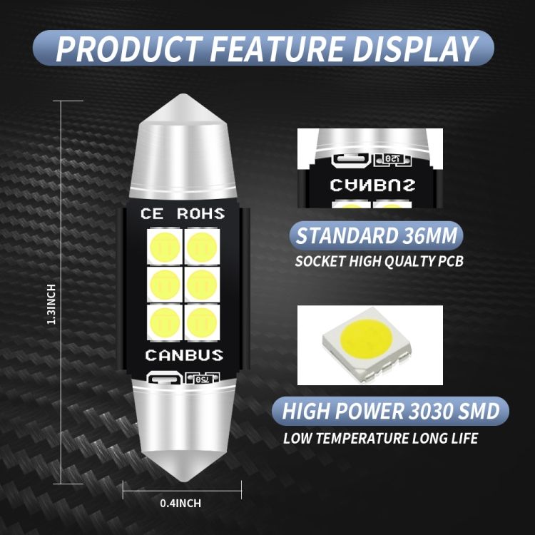 2 PCS 36mm DC12V-24V 3W 6000K 660LM Car Reading Lamp
