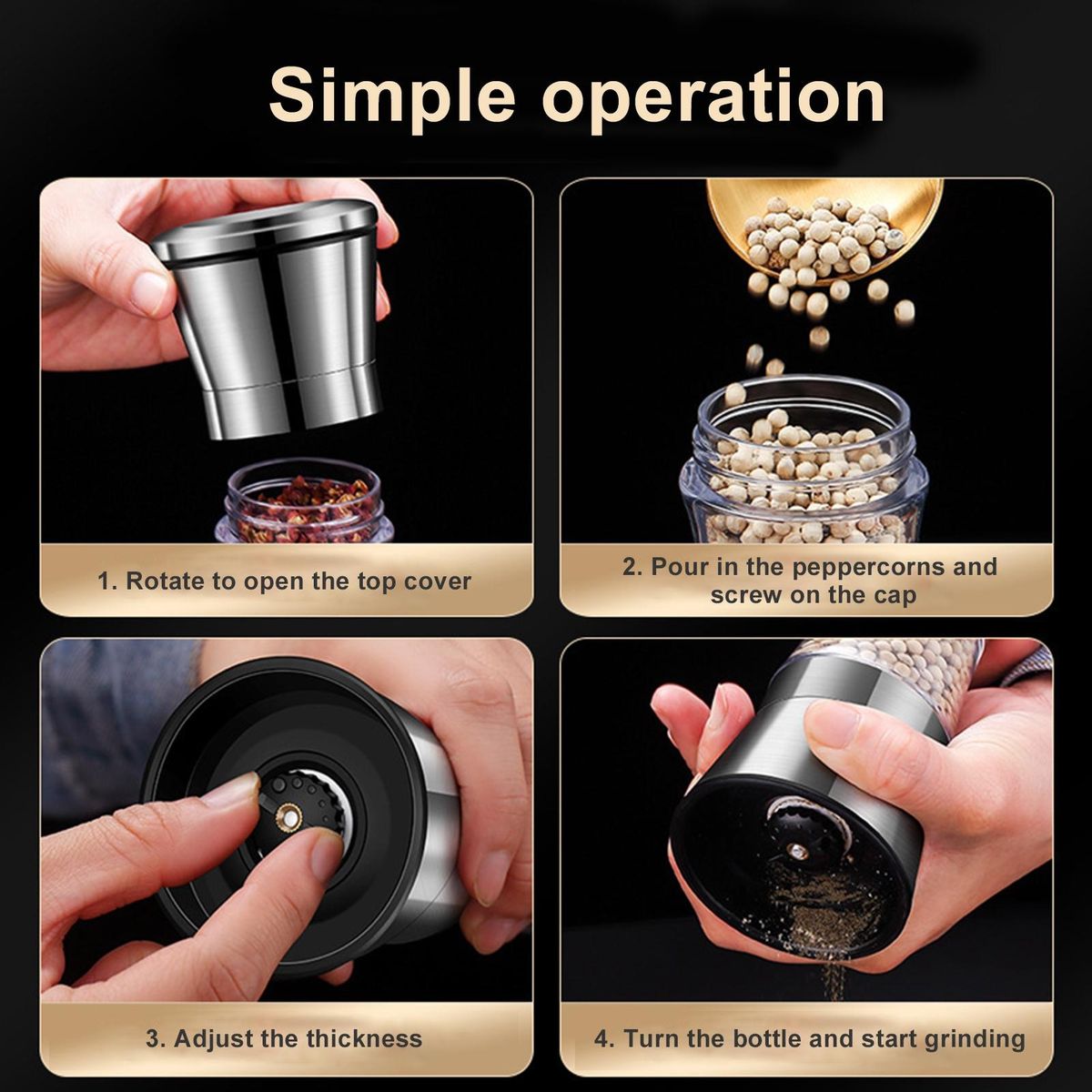2-in-1 Stainless Steel Salt Pepper Grinder Set Adjustable Coarseness