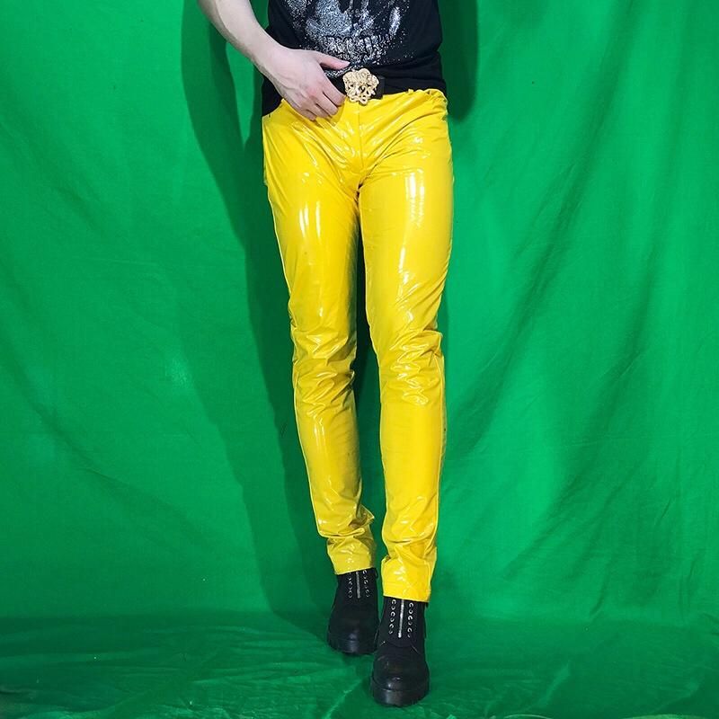 Glossy leather pants for men costumes sexy ds for nightclub PU trousers  elastic trousers set for spring and summer