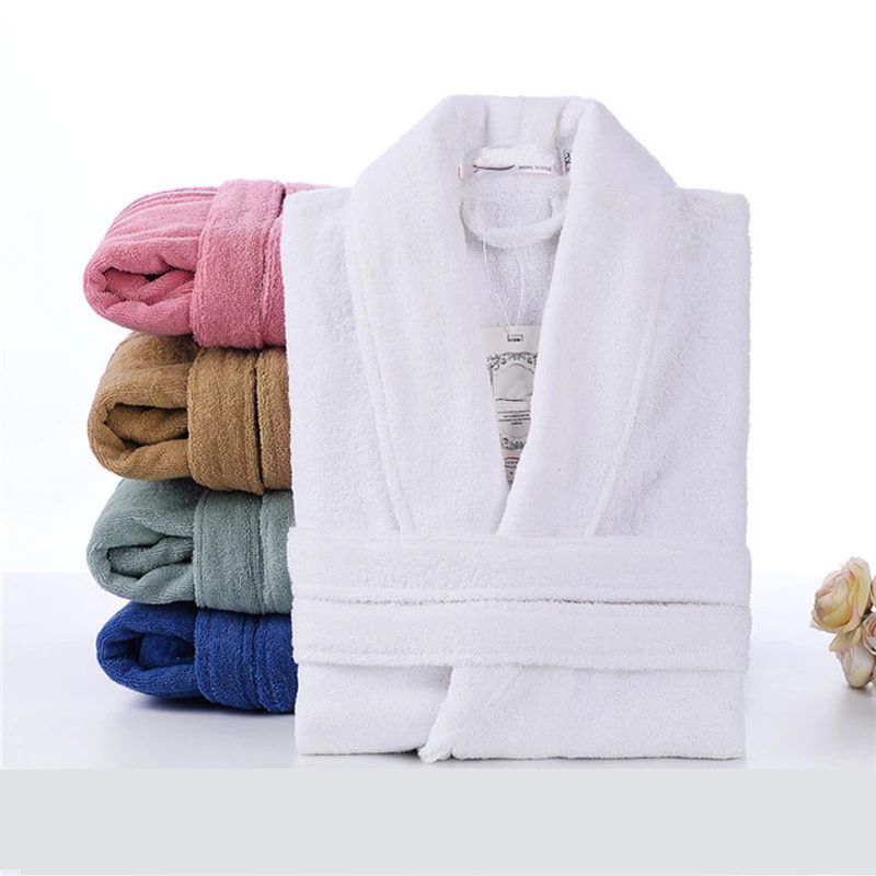 (White)100% Cotton Toweling Terry Robe Unisex Lovers Soft Bath Robe Men And Women Nightrobe Sleepwe