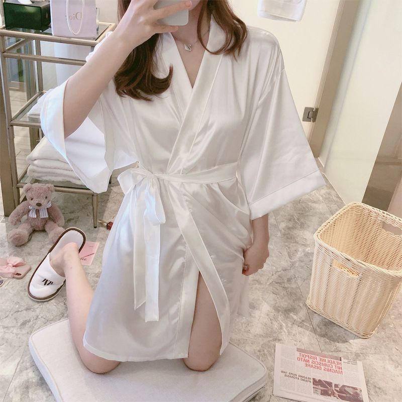 (white)Silk Robe For Women Wedding Bride Bridesmaid Kimono Satin Shower Bathrobe Sleepwear Night We