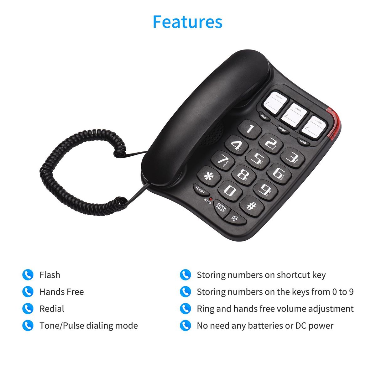 Black Corded Phone with Big Button Desk Landline Phone Wall Mountable Telephone Support Hands-Free/Redial/Flash/Speed Dial/Ring Volume Control for Elderly Seniors Home Office Business Hotel