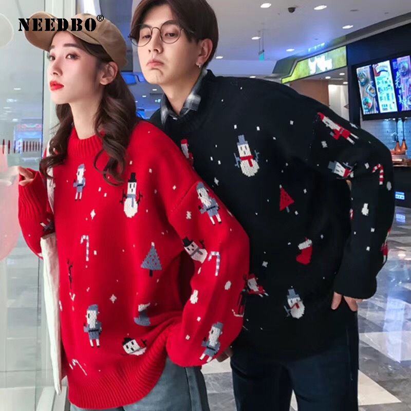 Knit Sweater Women Oversize Pullover Long Sleeve Christmas Couple Womens Sweaters Autumn Winter Sweater Women's Knitted Jacke(#Red)