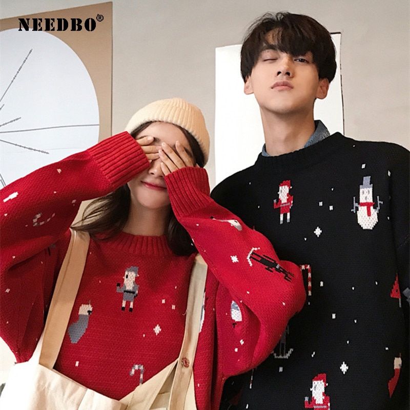 Knit Sweater Women Oversize Pullover Long Sleeve Christmas Couple Womens Sweaters Autumn Winter Sweater Women's Knitted Jacke(#Red)