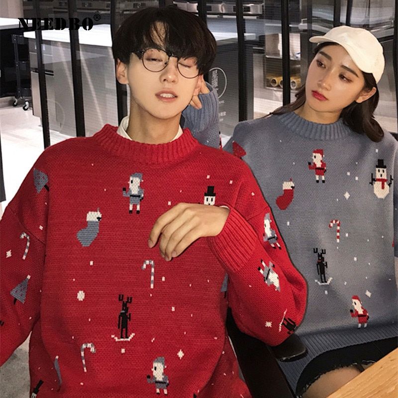 Knit Sweater Women Oversize Pullover Long Sleeve Christmas Couple Womens Sweaters Autumn Winter Sweater Women's Knitted Jacke(#Red)