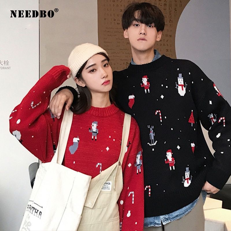 Knit Sweater Women Oversize Pullover Long Sleeve Christmas Couple Womens Sweaters Autumn Winter Sweater Women's Knitted Jacke(#Red)