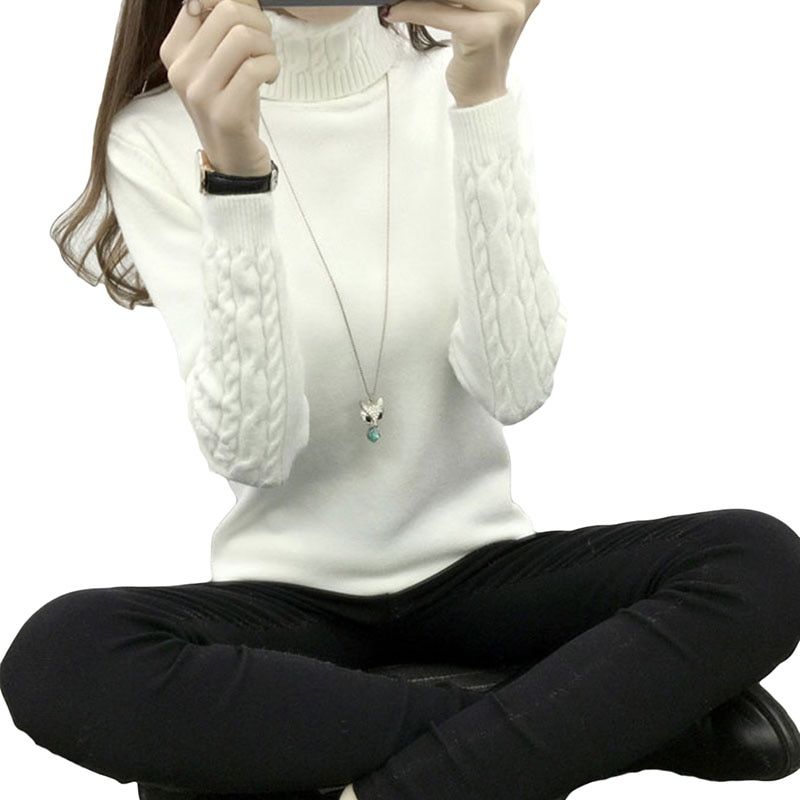 New Women Knitted Autumn Winter Sweater Women Long Sleeve Thick Turtleneck Sweaters Pullovers Female Jumper Tricot Tops(#White)