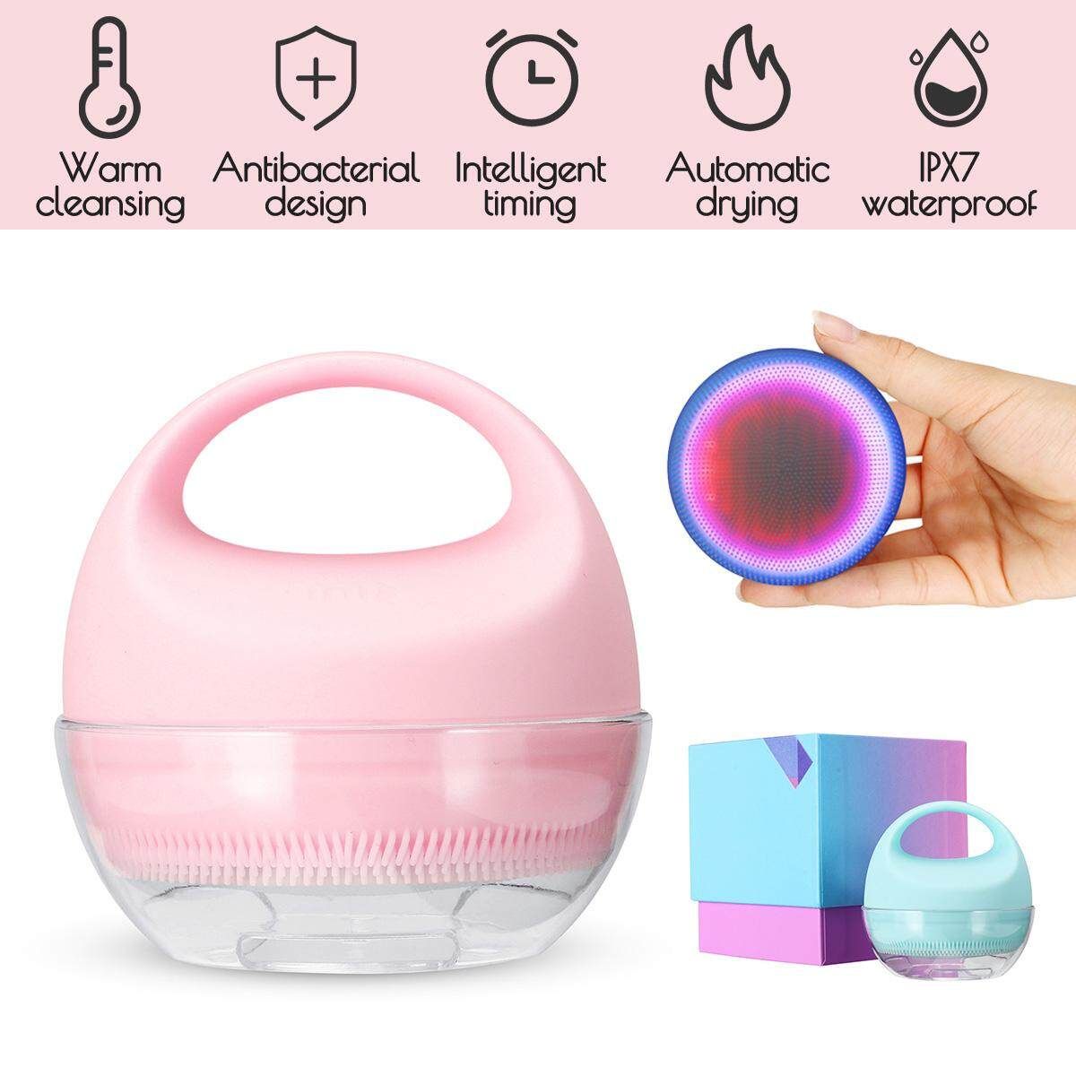 Upgraded Electric Facial Brush Cleaner Face Warm Cleansing Skin Massage Scrubber Pink