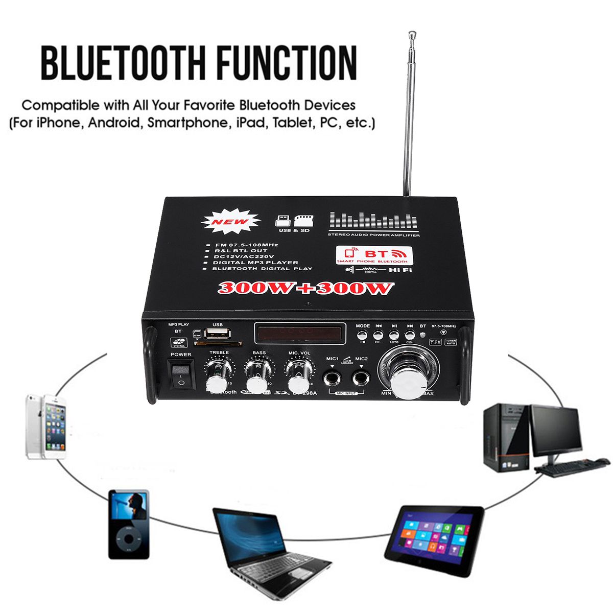 12V/220V 600W Car HIFI Amplifier Audio Stereo Power Bluetooth FM Radio 2CH Home Theater Amplifiers Mini Amplificador Audio